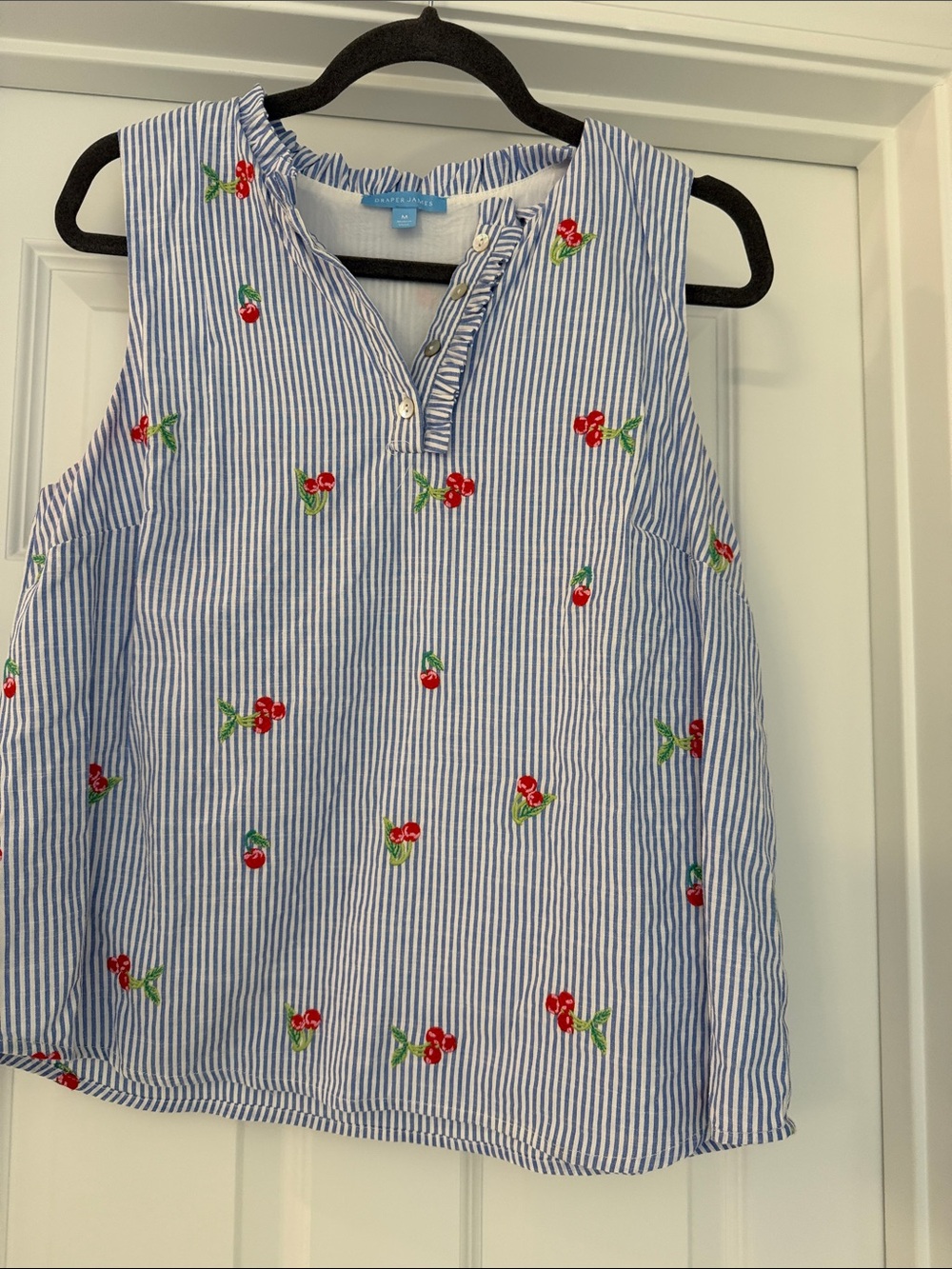 Draper James Blue & White Striped Cherry Embroidered Tank